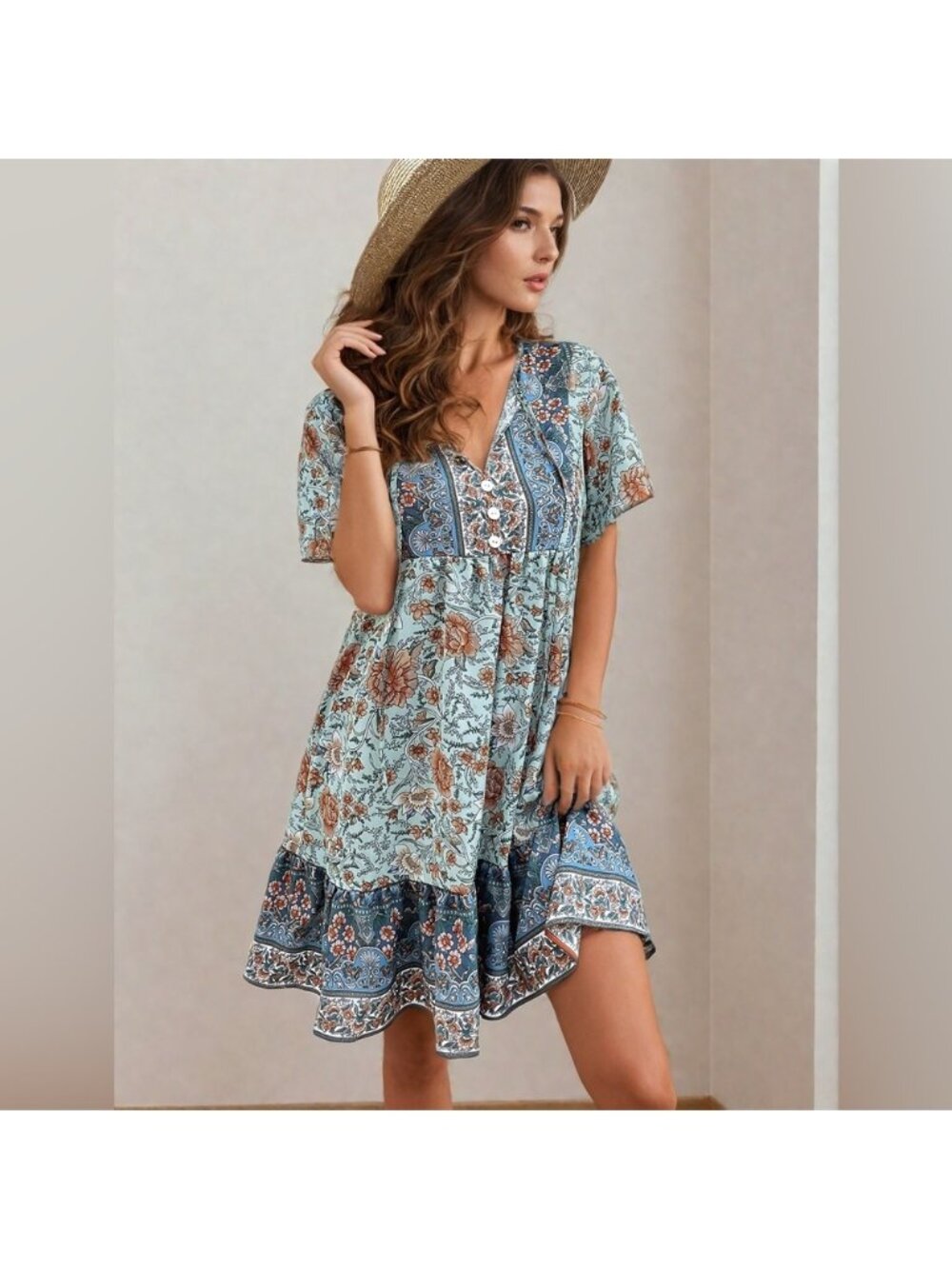 Boho Floral Print Smock Dress